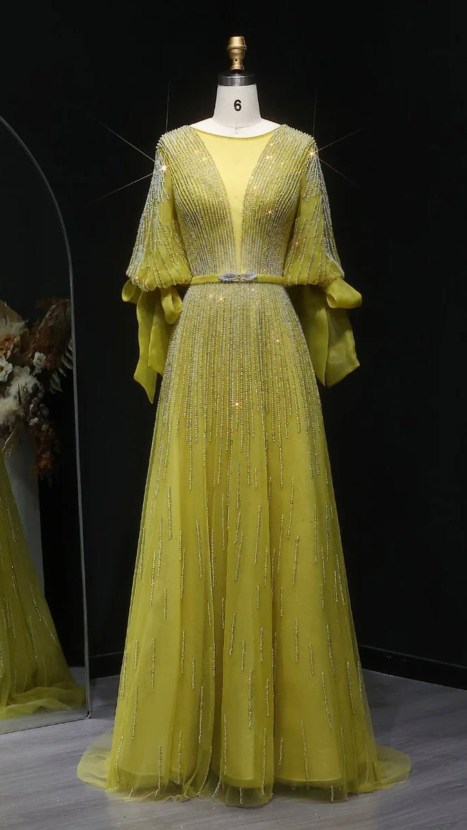 “Lumière Grace” Gown with Draped Sleeves and Vertical Crystal Beading