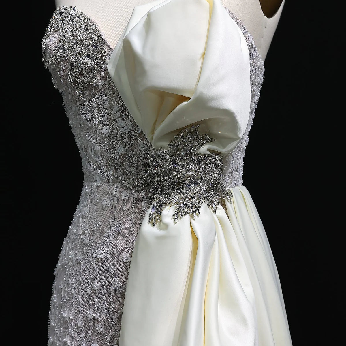 Strapless Crystal Gown with Satin Side Bow and Train