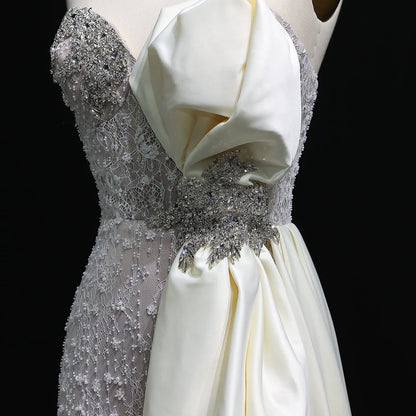 Strapless Crystal Gown with Satin Side Bow and Train