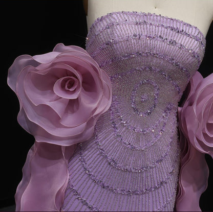 Strapless purple evening gown with 3D floral ruffles