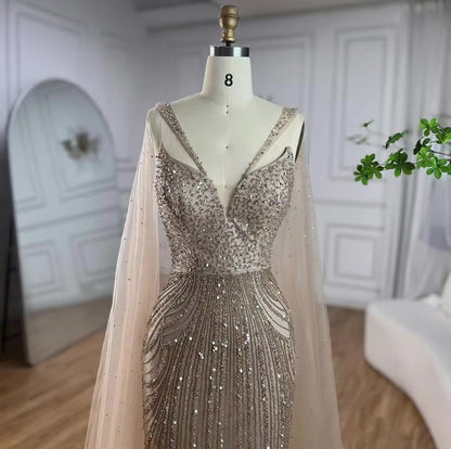 Mermaid Elegant Cape Sleeves Luxury Evening Dress