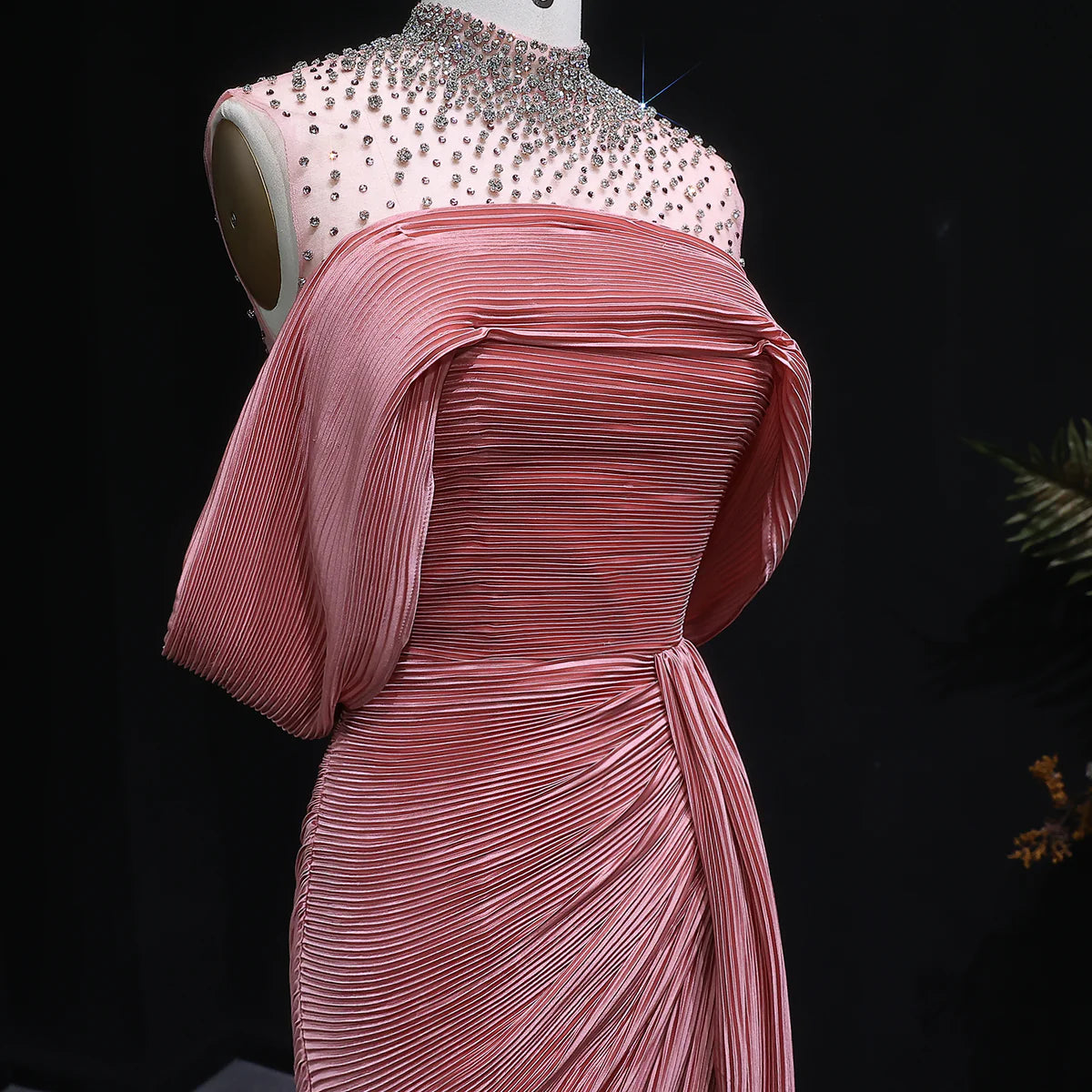 Crystal-Neckline Pleated Satin Gown