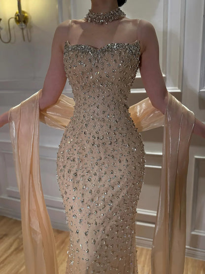Royal Full-Crystal Mermaid Gown with Flowing Shoulder Cape