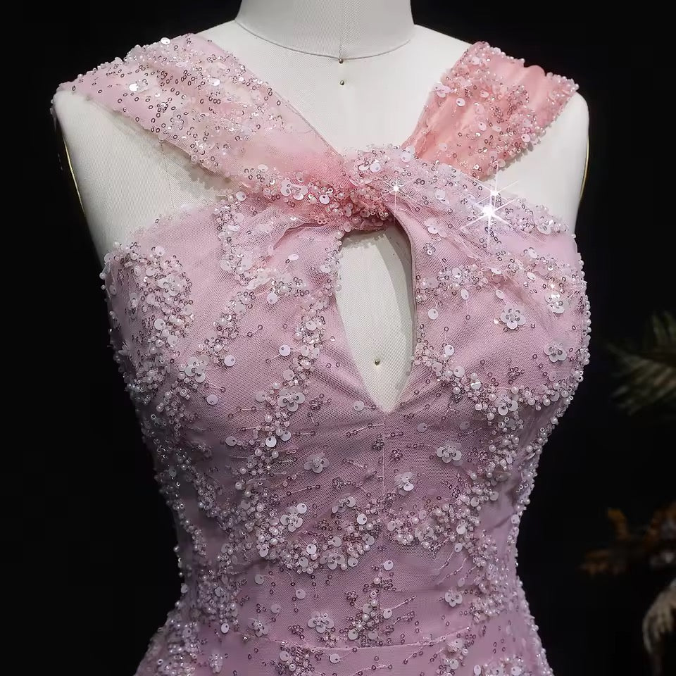 Elegant Dusty Rose Ombré Gown with Crystal Embroidery