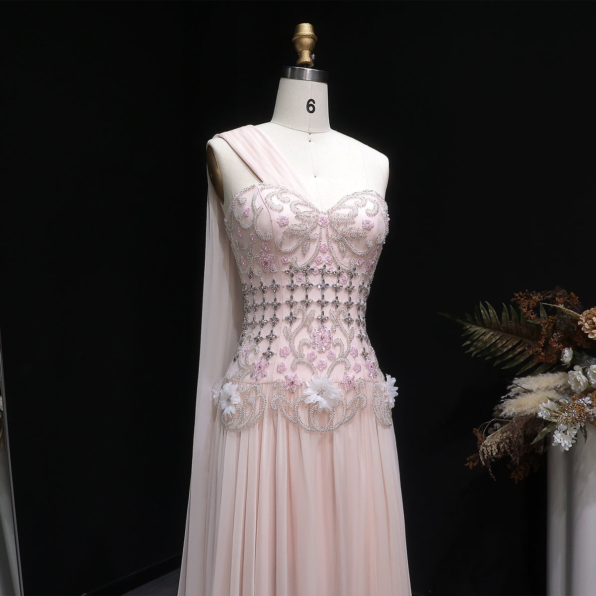 Dusty Pink One-Shoulder Beaded A-Line Evening Dress