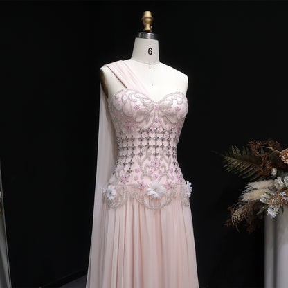 Dusty Pink One-Shoulder Beaded A-Line Evening Dress