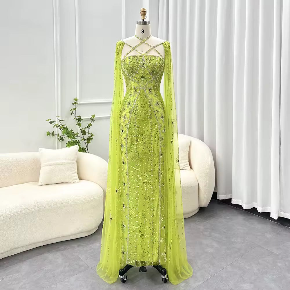 Elegant Beaded Gown with Open Sleeves and Crystal Detailing