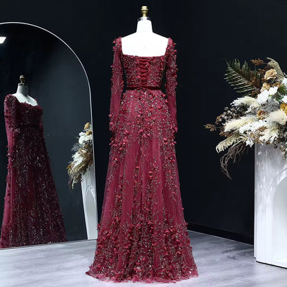Luxury 3D Flower Long Sleeves Evening Dress