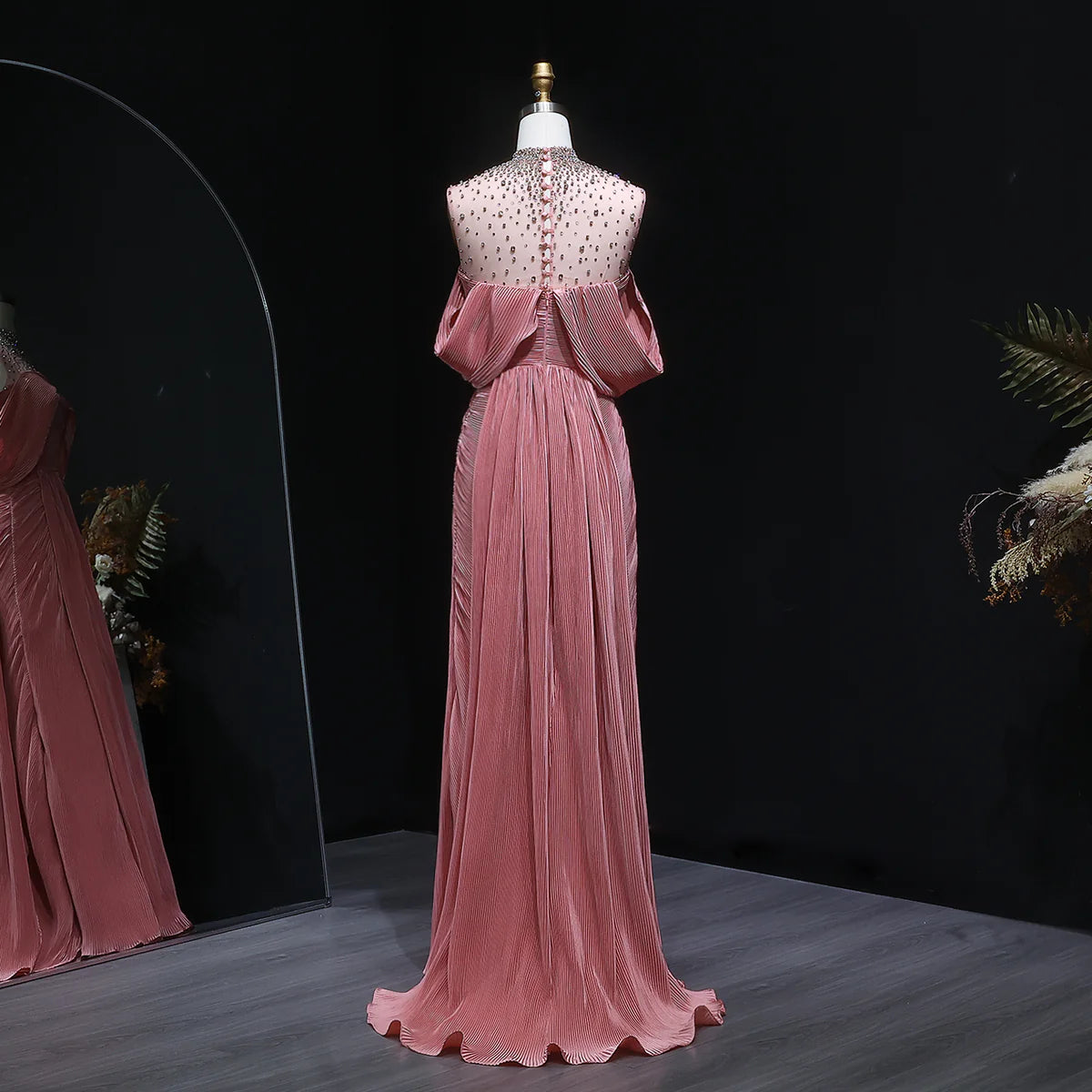 Crystal-Neckline Pleated Satin Gown