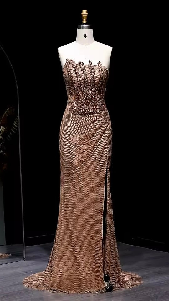 Flame of Elegance” Dress Burgundy Embellished with Crystals Featuring a Side Slit