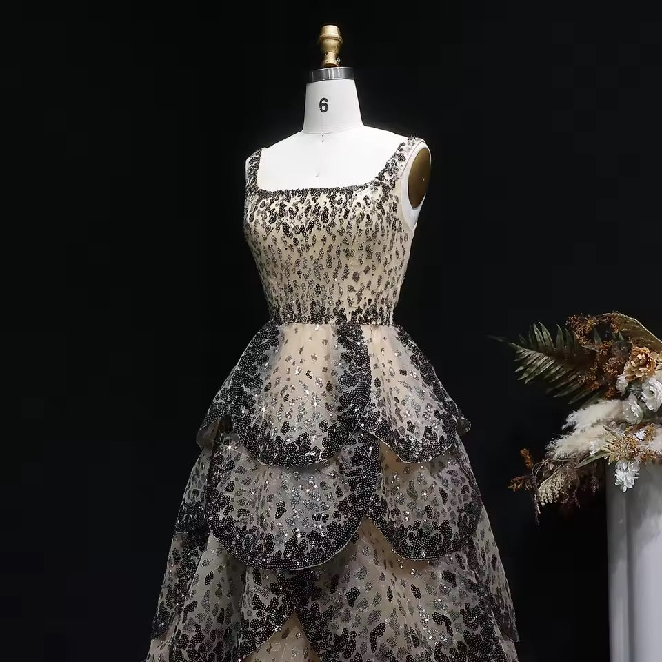 Luxury Champagne & Black Sequin Gown with Scalloped Tiers