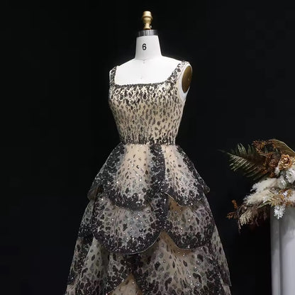 Luxury Champagne & Black Sequin Gown with Scalloped Tiers