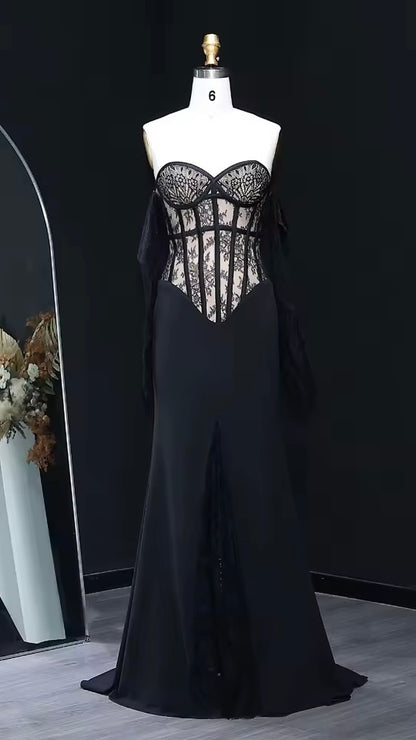 Corset Gown with Sheer Bodice and Draped Lace Gloves