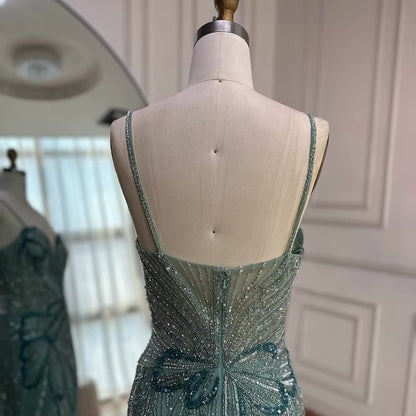 Beaded Evening Gown Available in Emerald Green & Nude