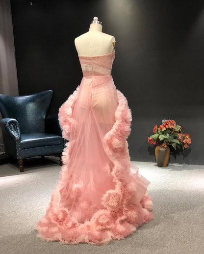 Strapless Pink Ruffled Tulle Couture Gown