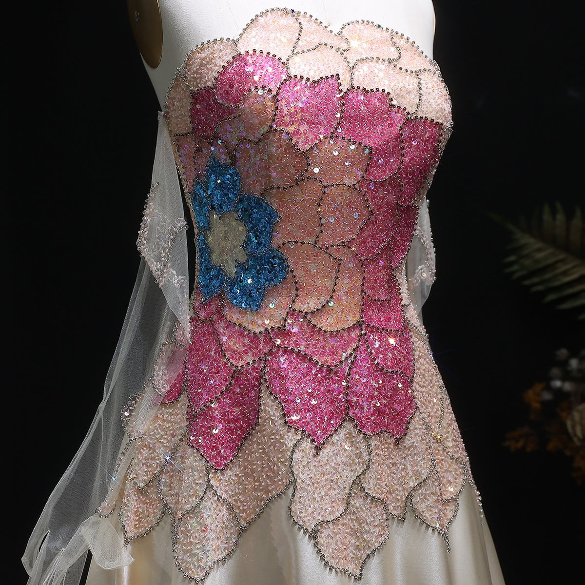Elegant Satin A-Line Gown – Strapless Floral Beaded Bodice with Sheer Gloves