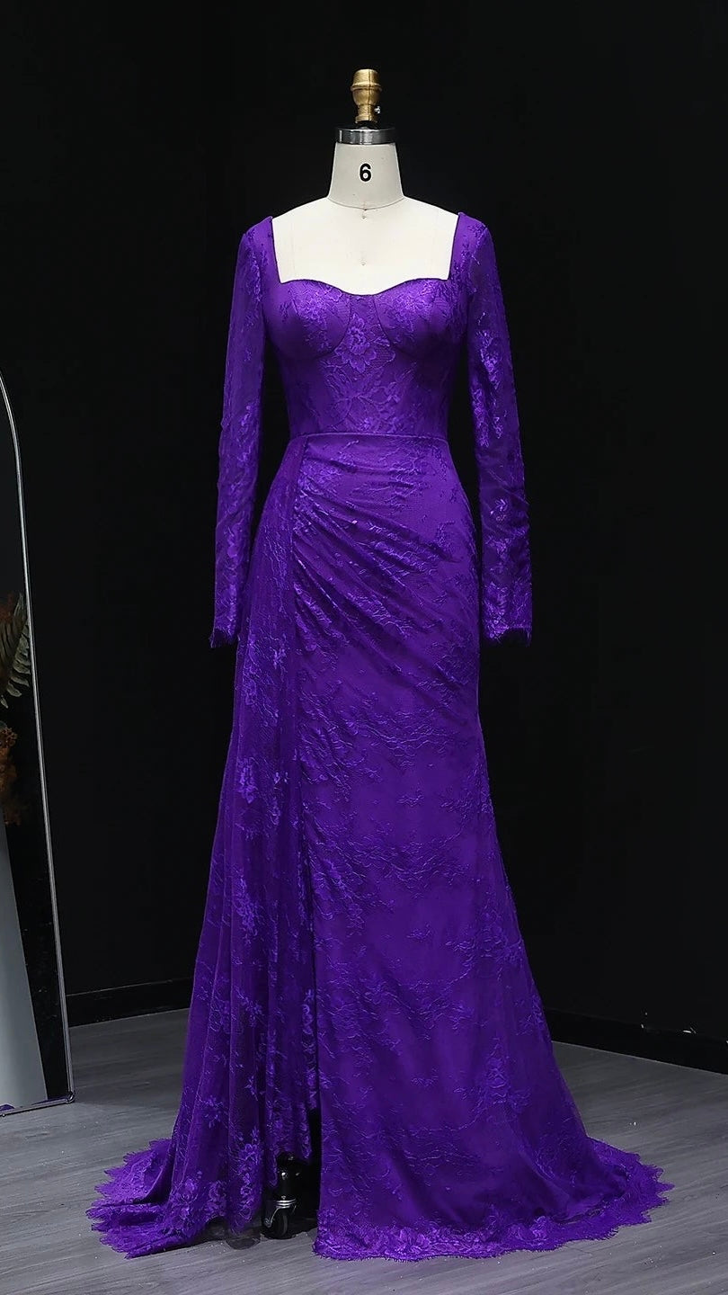 Purple Lace Pleated with Long Sleeves Side Slit