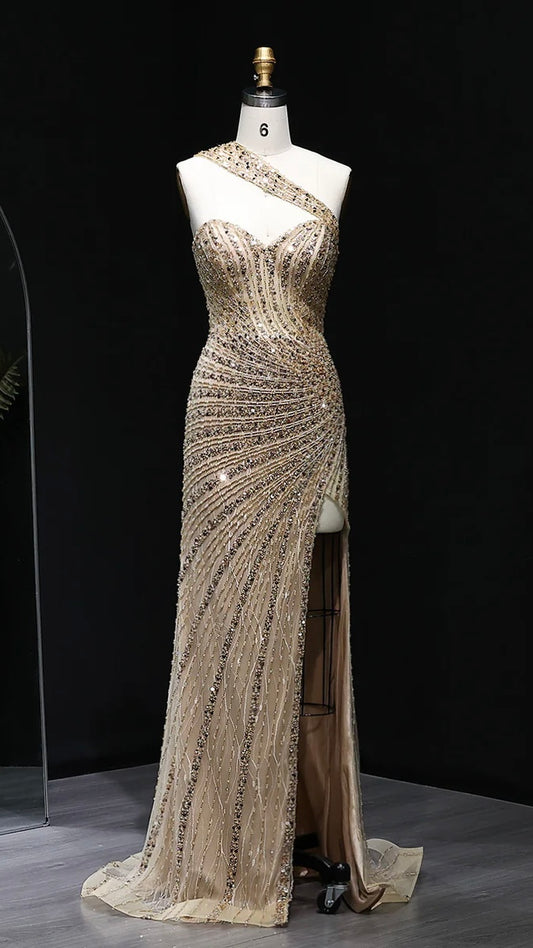 “Golden Flare” Gown Sculpted Sparkle with Luxe Beading