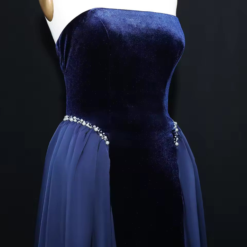Velvet Strapless Gown with Draped Chiffon Panels and Crystal-Embellished Waist