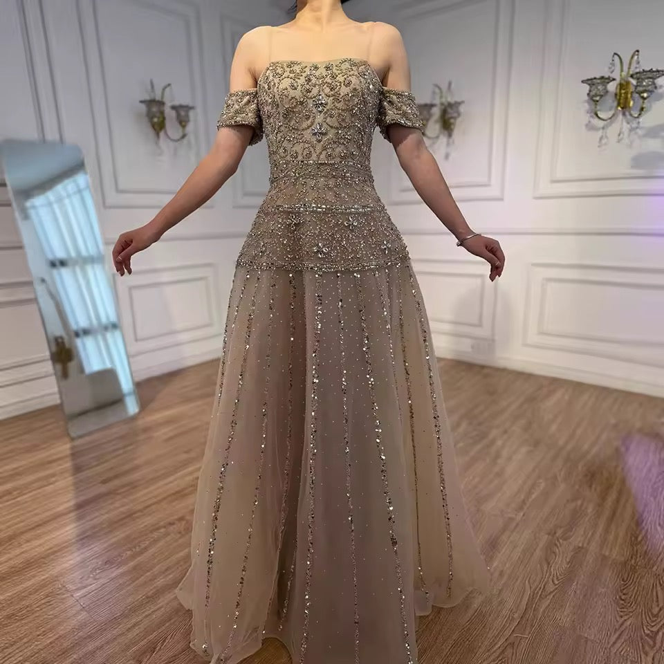 Elegant Linear Beaded Evening Dress with Sculpted Silhouette