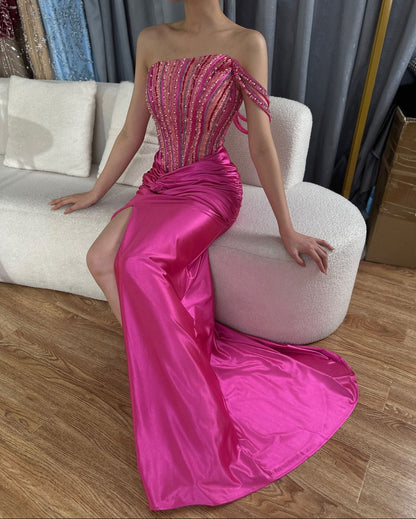 Fuchsia One Shoulder Side Split Mermaid Luxury Evening Gown Beaded
