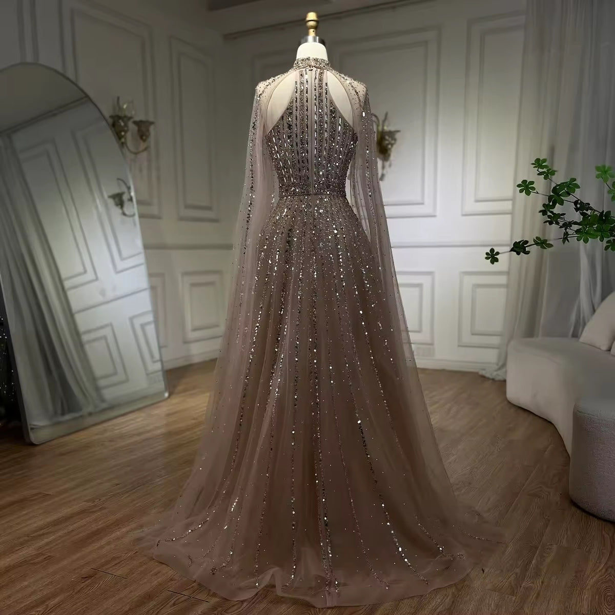 High-Neck Evening Gown with Sparkling Tulle Cape