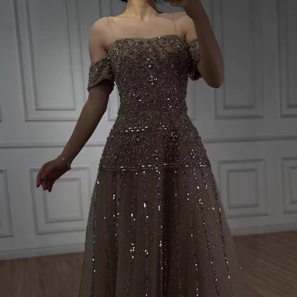Elegant Linear Beaded Evening Dress with Sculpted Silhouette