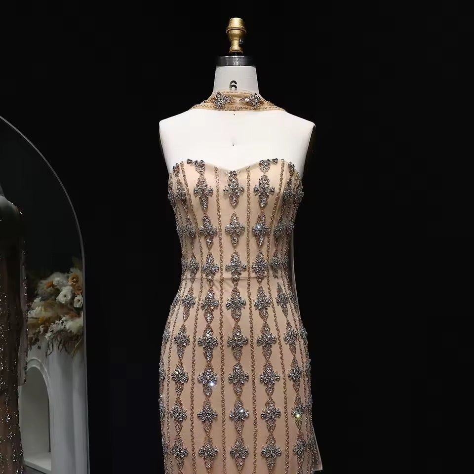 Nude Fitted Gown with Crystal Floral Embellishments and Shawl