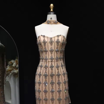 Nude Fitted Gown with Crystal Floral Embellishments and Shawl