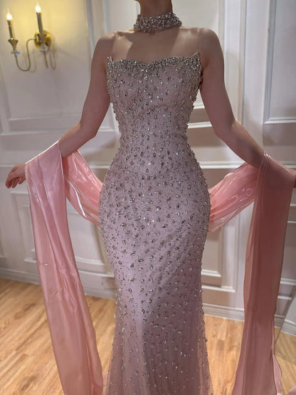 Royal Full-Crystal Mermaid Gown with Flowing Shoulder Cape