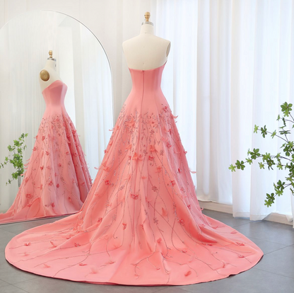Luxury Feathers Coral Pink 3D Flowers Dress