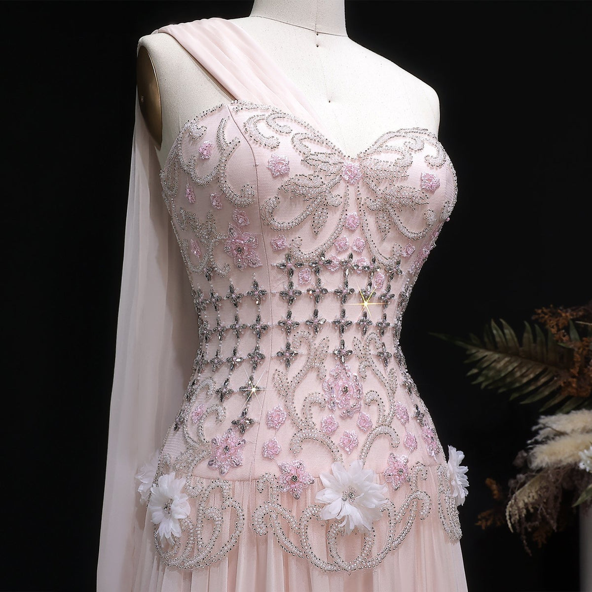 Dusty Pink One-Shoulder Beaded A-Line Evening Dress