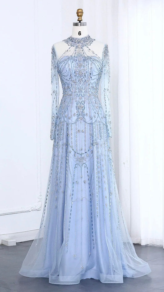 Blue Long Sleeves High Neck Luxury Evening Dress