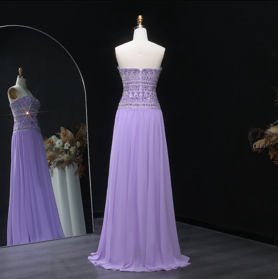 Strapless Lavender Evening Dress with Crystal and Beaded Embellishments