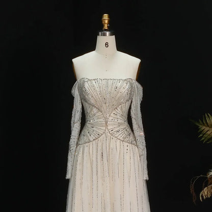 Luxury Off-the-Shoulder Gown with Radiating Linear Crystal Embroidery