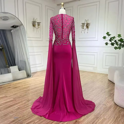 Fuchsia Mermaid Evening Dress, Beaded with Elegant Cape Sleeves