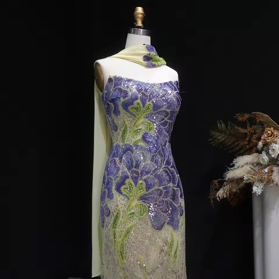 Strapless Floral Sequin Gown with Matching Scarf