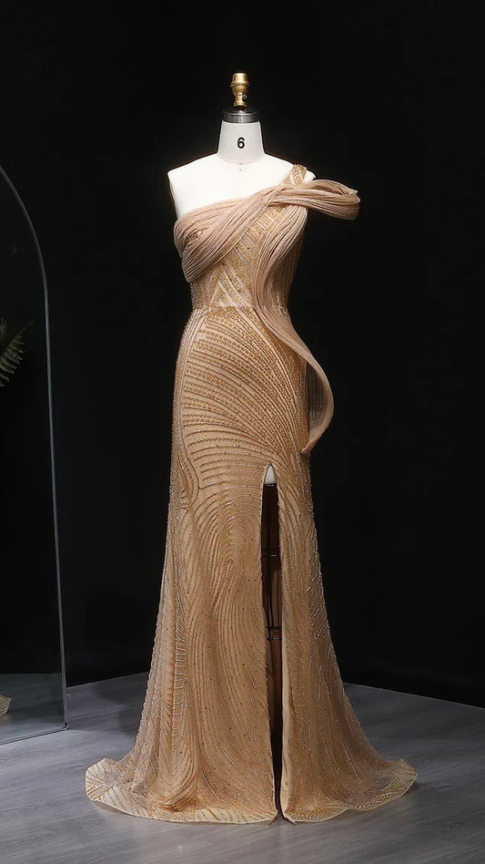 “Desert Glow” Gown – Sculpted Design with Golden Beading