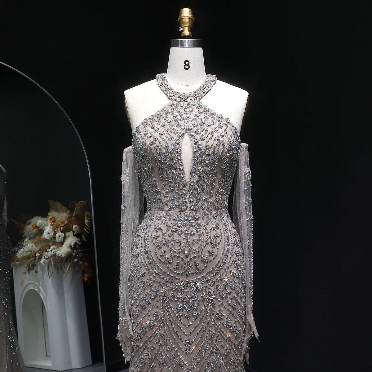Crystal Embellished Gown with Draped Crystal Gloves and High Neck Cutout Detail