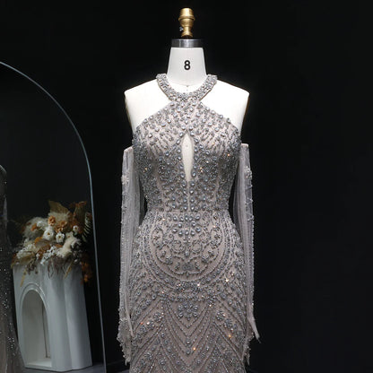 Crystal Embellished Gown with Draped Crystal Gloves and High Neck Cutout Detail