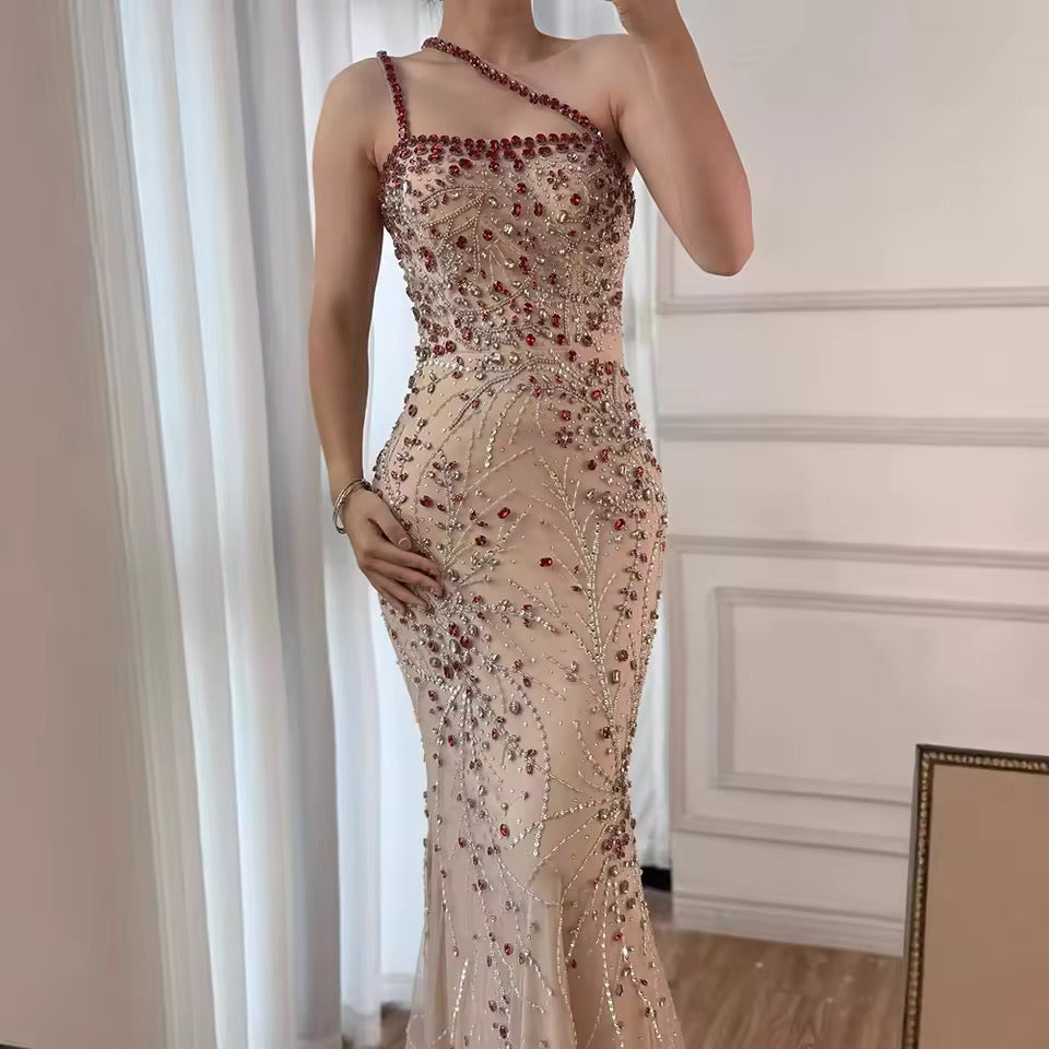 “Cherry Sparkle” Gown Red Crystal Beaded One-Shoulder Design