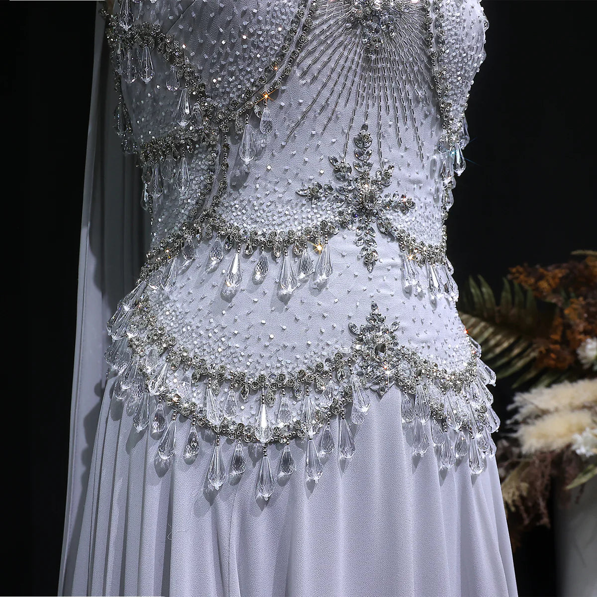 Dusty Rose Pleated Chiffon Gown with Chandelier Beading