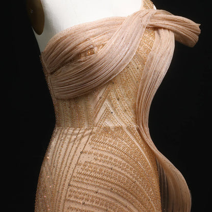 “Desert Glow” Gown – Sculpted Design with Golden Beading