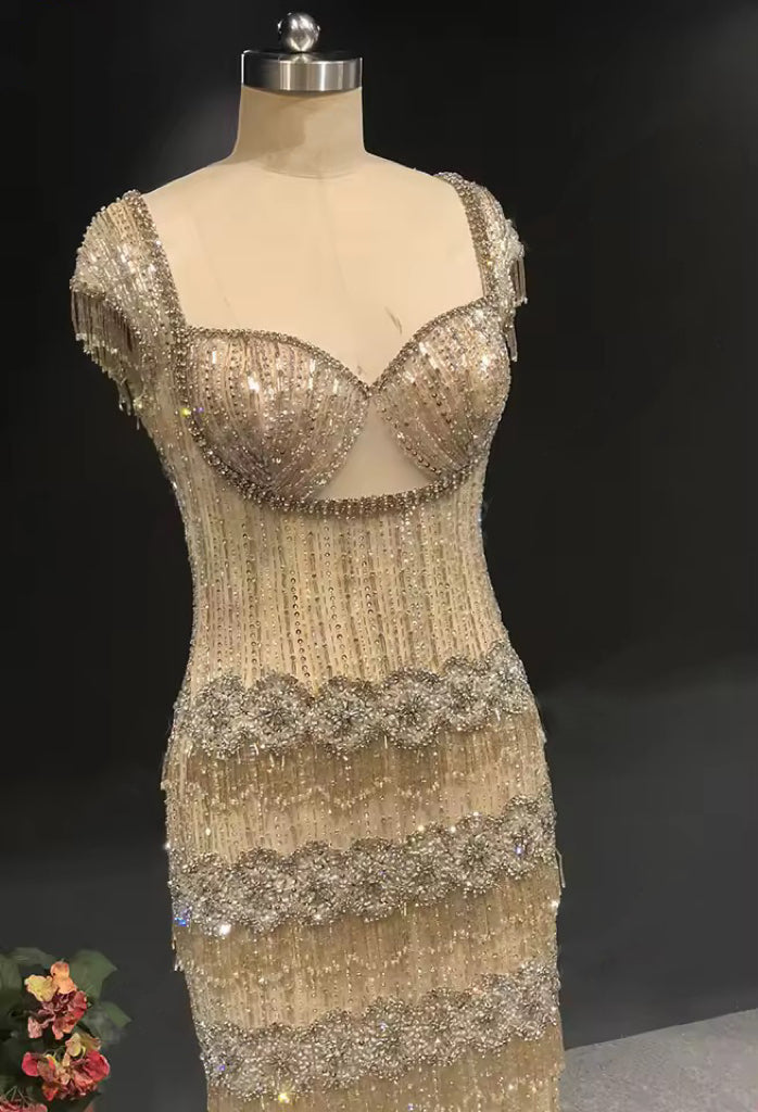 Tiered Crystal-Fringed Champagne Couture Gown
