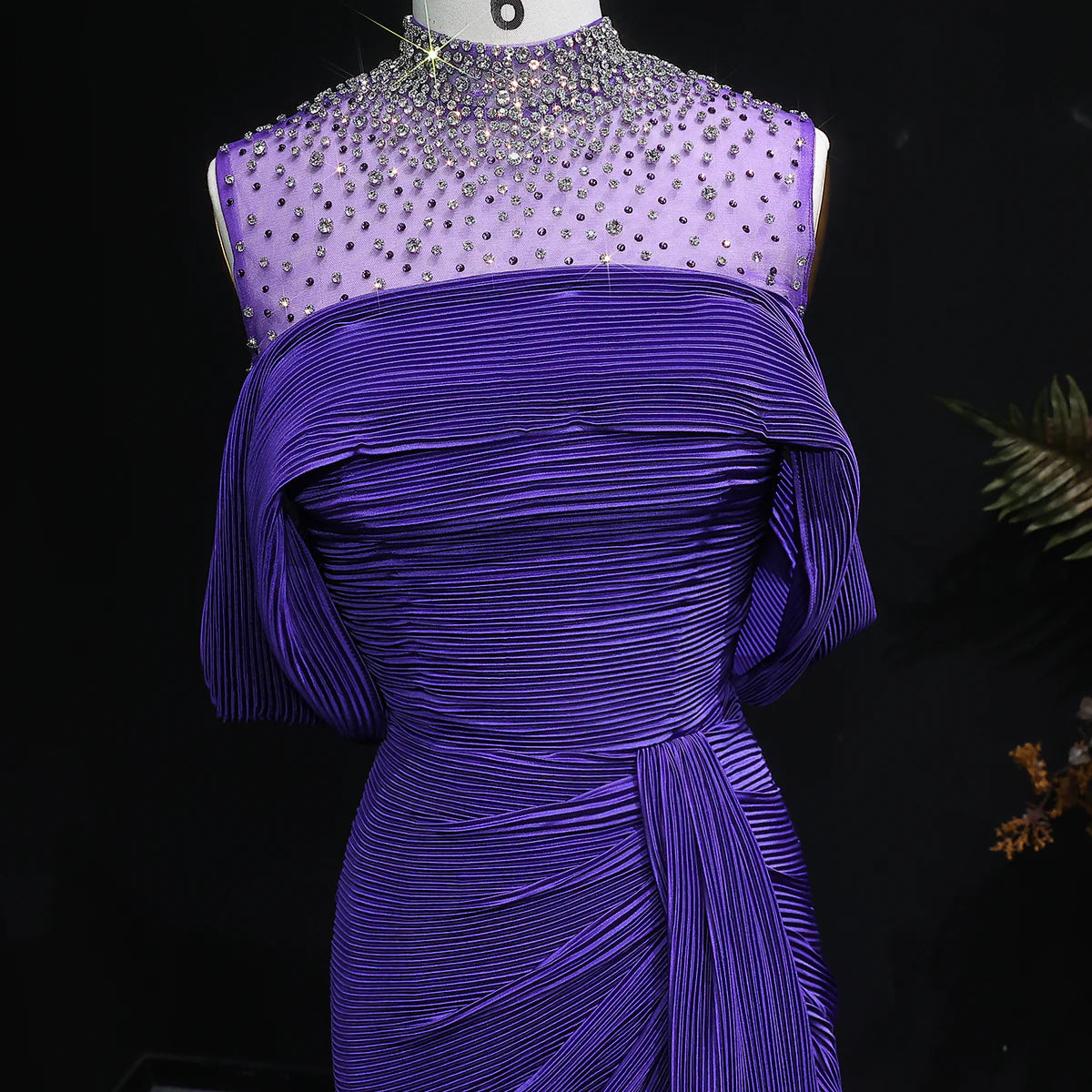 Crystal-Neckline Pleated Satin Gown