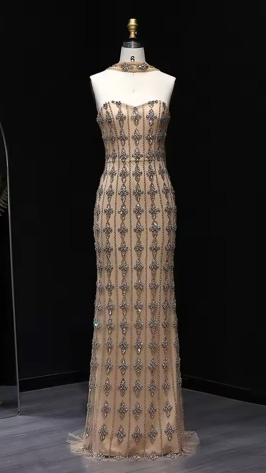 Nude Fitted Gown with Crystal Floral Embellishments and Shawl