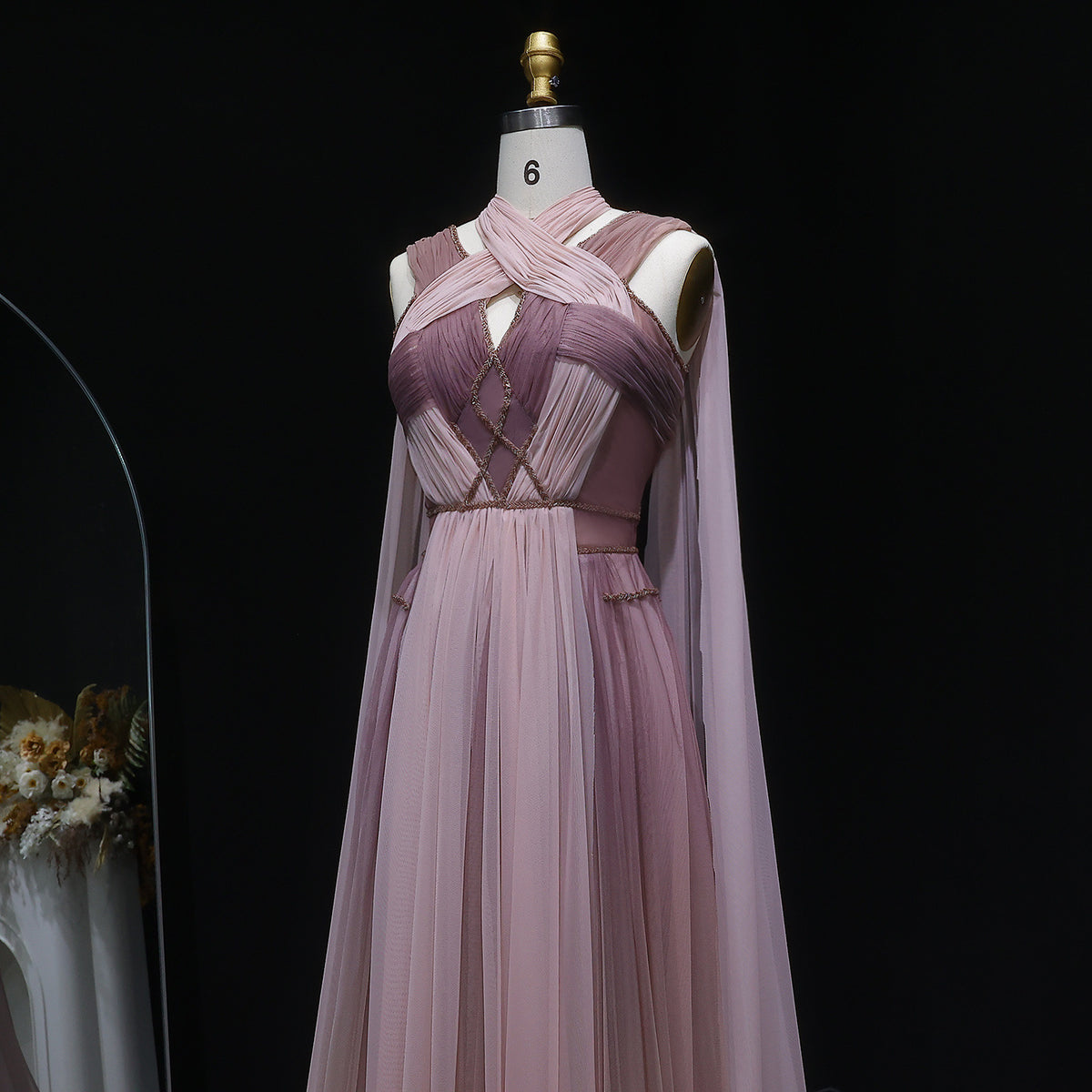 Pink Grecian Draped Gown with Chiffon Cape and Criss-Cross Back Detail