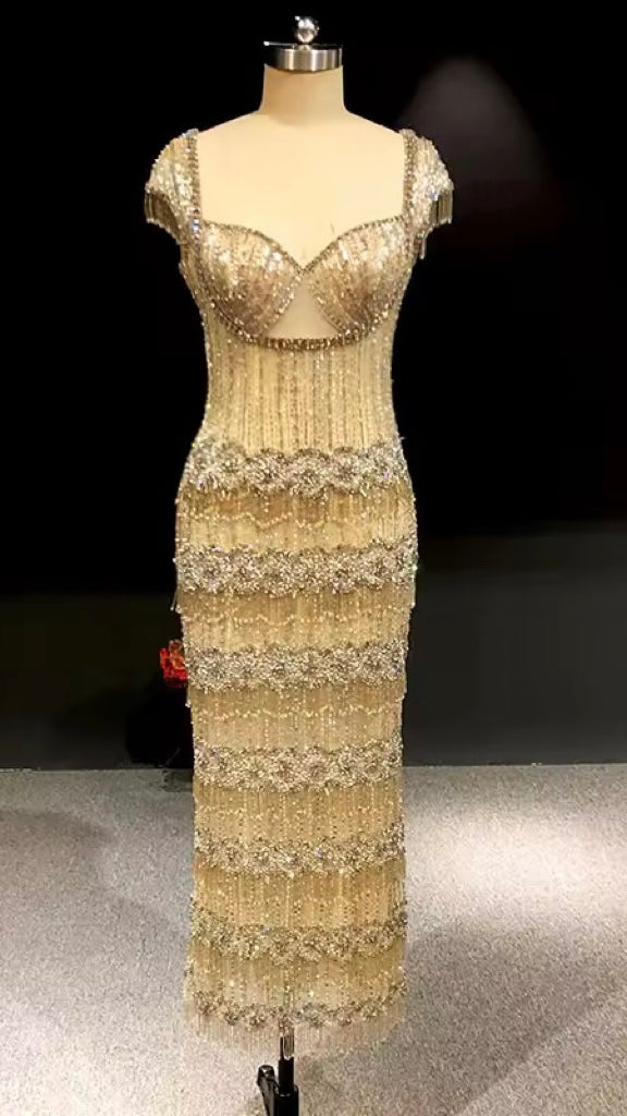 Tiered Crystal-Fringed Champagne Couture Gown
