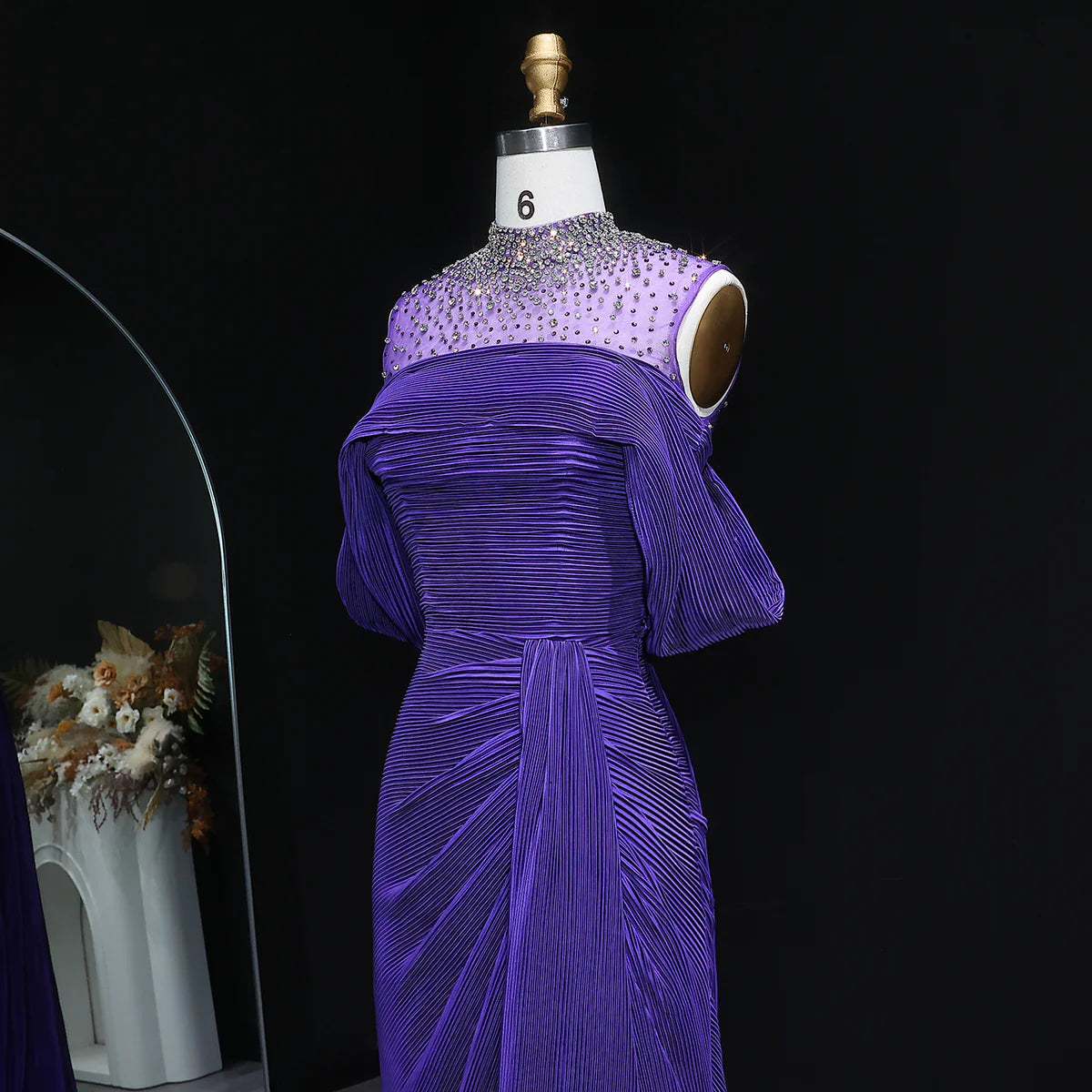 Crystal-Neckline Pleated Satin Gown