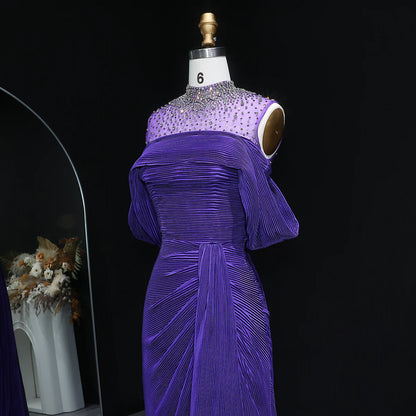 Crystal-Neckline Pleated Satin Gown